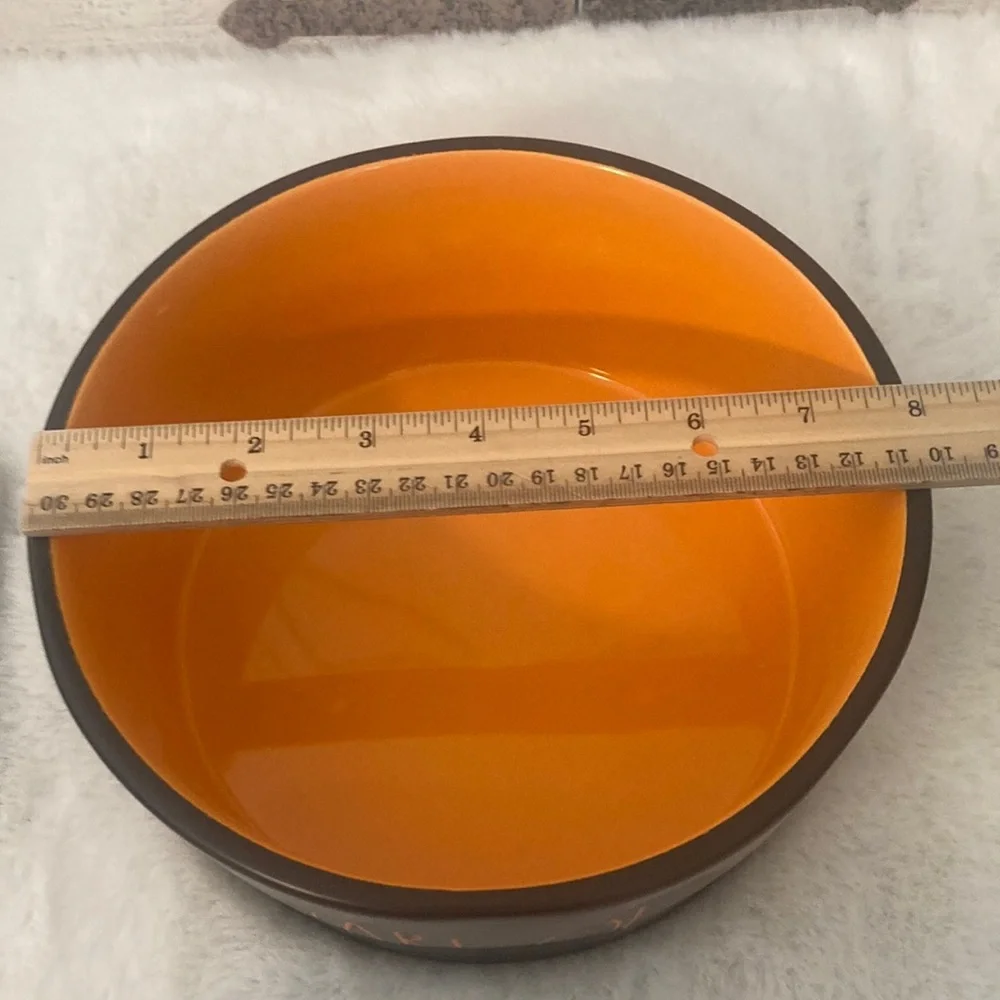 Rae Dunn Large Orange and Black Pet Bowl with 'Beware of Me!' Text